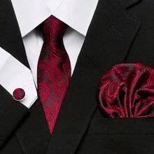 AlanKing 1 Set Of Men's Business Formal Tie With Matching Pocket Square And Cufflinks, Burgundy Paisley Men Necktie