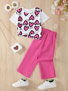 Young Girl Heart Printed Short Sleeve Top And Long Pants Casual Outfits For Spring/Summer - Hot Pink - View 1