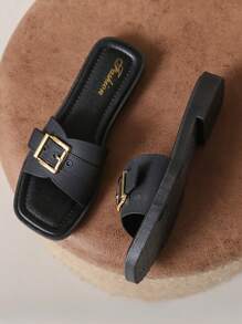 Women's Black Sandals, Fashion Minimalist Design With Buckle, Lightweight Soft Sole, Comfortable Anti-Slip, Breathable, Open Toe, Casual Outdoor And Indoor Wear, Elegant Ladies Flat Sandals, New Arrivals