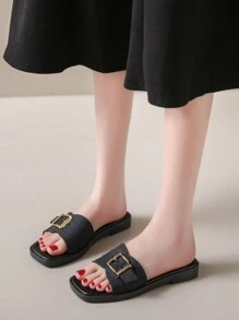 Women's Black Sandals, Fashion Minimalist Design With Buckle, Lightweight Soft Sole, Comfortable Anti-Slip, Breathable, Open Toe, Casual Outdoor And Indoor Wear, Elegant Ladies Flat Sandals, New Arrivals
