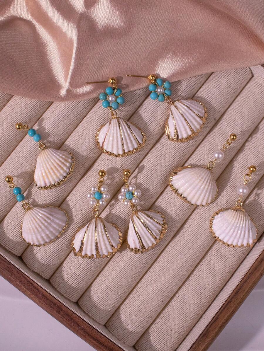1 pieza de aretes artesanales de perla de concha natural con cuentas de turquesa, aretes de moda con estilo de vacaciones en la playa para mujeres - Un par de flores turquesas + conchas. - Ver 1