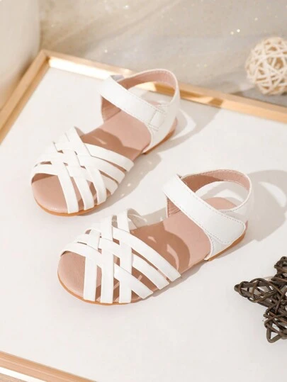 幼兒女童白色編織鞋，交叉帶，柔軟鞋底，適用於春夏季節，舒適耐穿