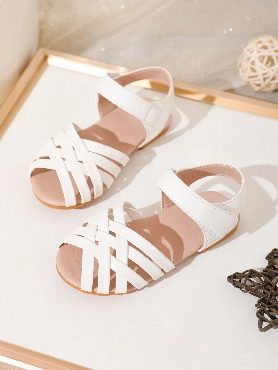 幼兒女童白色編織鞋，交叉帶，柔軟鞋底，適用於春夏季節，舒適耐穿 - 白色 - 查看 1