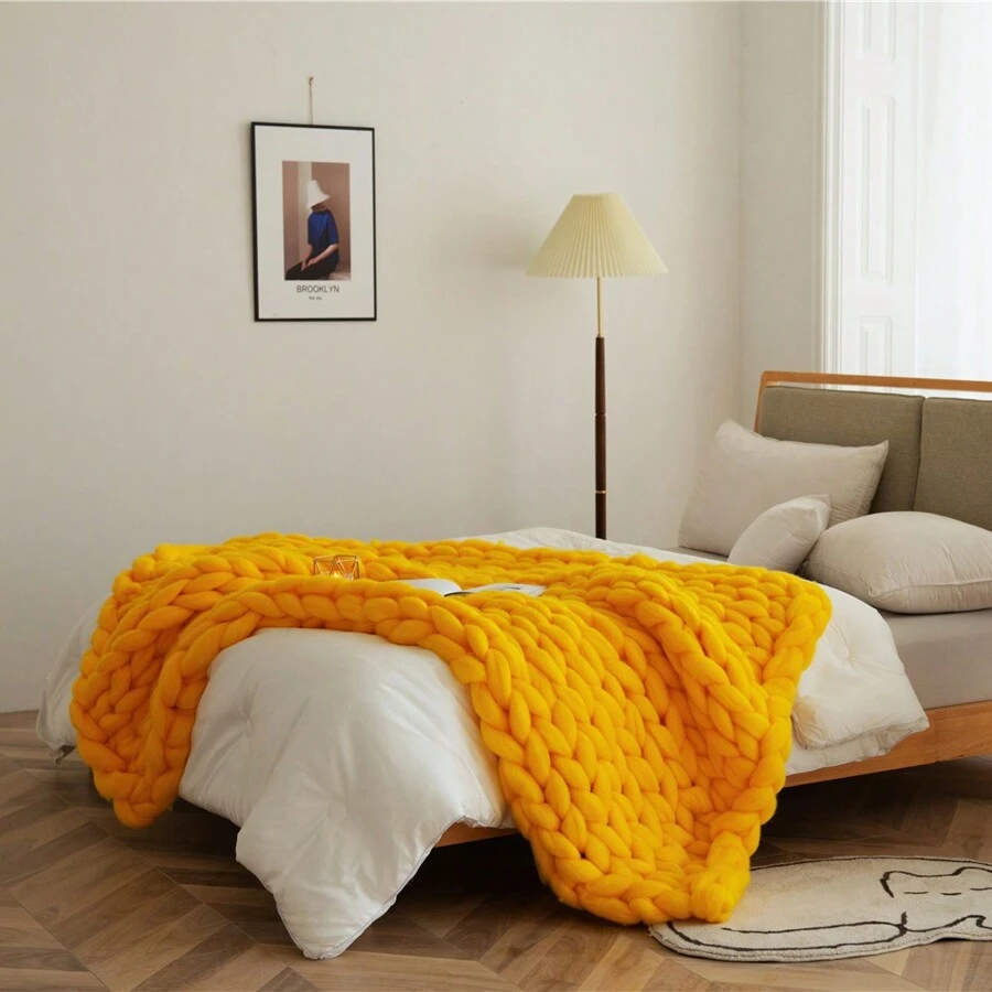 LIVINGANDHOME Living And Home Handwoven Chunky Knit Throw Blanket For Home Decor, Four Seasons Usable, Soft Skin-Friendly Fabric,Suitable For Beds, Sofas,  And Chairs, Soft Blanket - Yellow - View 1