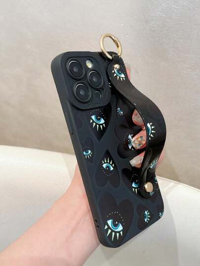 1pc Black Eye Texture Transparent TPU Phone Case With Wrist Strap Compatible With Apple/Samsung Models, Colorful Painting Design