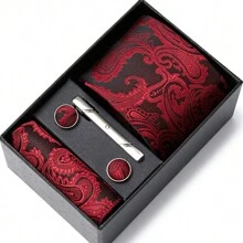 AlanKing 1 Set Of Men's Business Formal Tie With Matching Pocket Square And Cufflinks, Burgundy Paisley Men Necktie