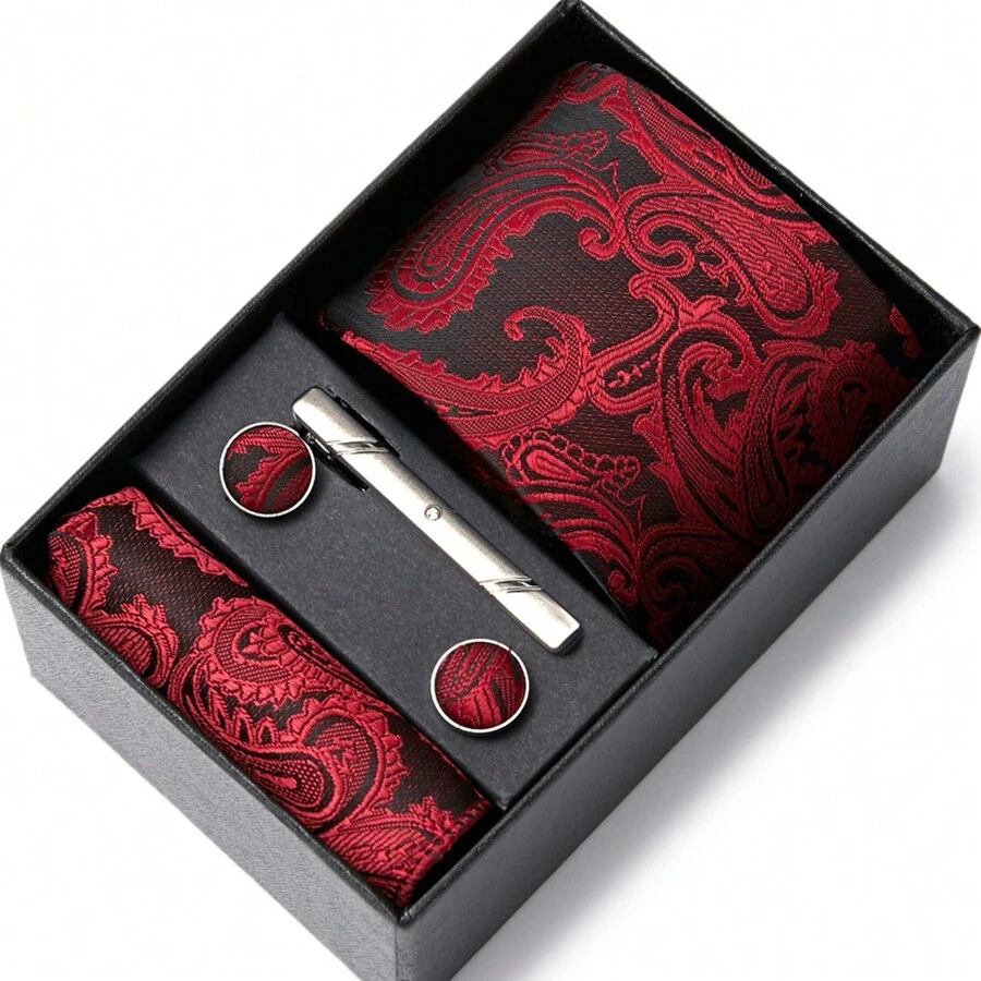 AlanKing 1 Set Of Men's Business Formal Tie With Matching Pocket Square And Cufflinks, Burgundy Paisley Men Necktie