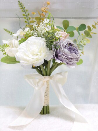 1 pezzo Bouquet nuziale romantico con fiocco di raso e foglie di eucalipto, Bouquet damigella d'onore per cerimonia matrimoniale, banchetto, matrimonio all'aperto sulla prateria o festa