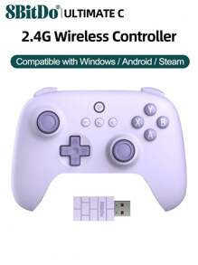 Mando inalámbrico Ultimate C 2.4G de PC 8bitdo, compatible con Android, Windows 10 11, Steam Deck, PC, Raspberry Pi, joysticks. Batería de 480mAh con aproximadamente 25 horas de tiempo de juego con 2 horas de carga. Accesorios de consola de juegos. Conectividad inalámbrica 2.4G o USB con cable. Función de turbo, vibración y agarre mejorado. Color morado. - Morado - Ver 9