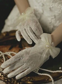 1pc Luxurious Bridal Wedding Gloves, Crop Style Mesh Gloves, Pearl & Bowknot Decor, Lace Bridesmaid Dress Accessories, For Wedding Party & Photography, Elegant Romantic Women Lace Gloves, Ivory Valentine's Day Valentines Autumn Accessories