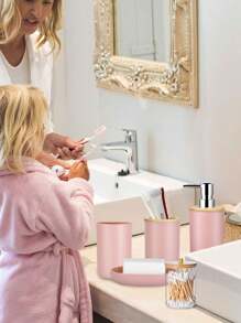 5 pièces/set Simple set de salle de bain rose avec distributeur de savon liquide et lotion, gobelet de rinçage, porte-brosse à dents et porte-savon. Décoration de salle de bain, décoration d'automne, retour à l'école