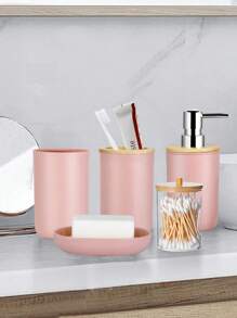 5 pièces/set Simple set de salle de bain rose avec distributeur de savon liquide et lotion, gobelet de rinçage, porte-brosse à dents et porte-savon. Décoration de salle de bain, décoration d'automne, retour à l'école