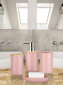 5 pièces/set Simple set de salle de bain rose avec distributeur de savon liquide et lotion, gobelet de rinçage, porte-brosse à dents et porte-savon. Décoration de salle de bain, décoration d'automne, retour à l'école