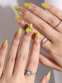 30 piezas de falsas uñas amarillas con degradado de gelatina de limón, decoradas con pequeñas flores verdes de aguacate 3D, perlas y diamantes de imitación, con 1 tubo de pegamento de gelatina y 1 lima de uñas. Juego de uñas postizas para llevar y suministra para uñas - Mostaza Amarilla - Ver 8