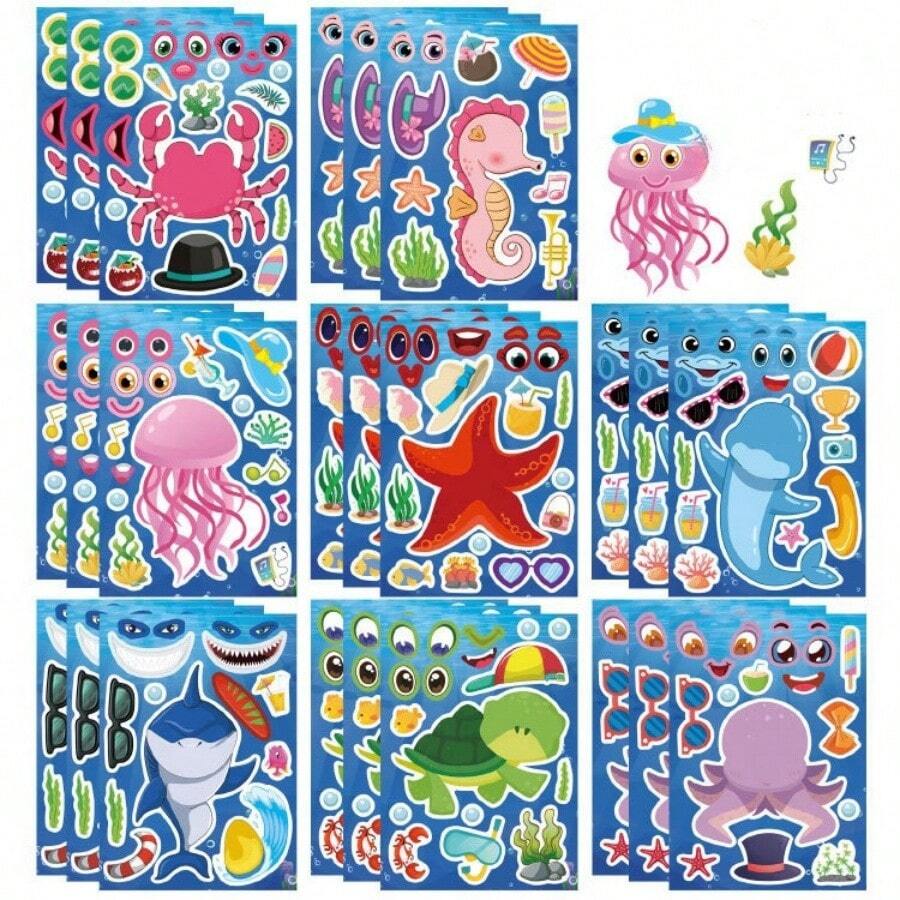 8/16/24/32 Sheets Reusable Make-A-Sea Face Stickers Ocean Animals DIY Art Craft Rewards For School Kid Teacher Summer Mermaid Party Favor Sticker For Birthday Gift Children Room Ocean Decorated Stickers,Stickers For Teachers,Boy Party Favors