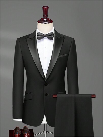 2pcs Men Business Casual Suit Set, Silver Trim Black Blazer & Pants