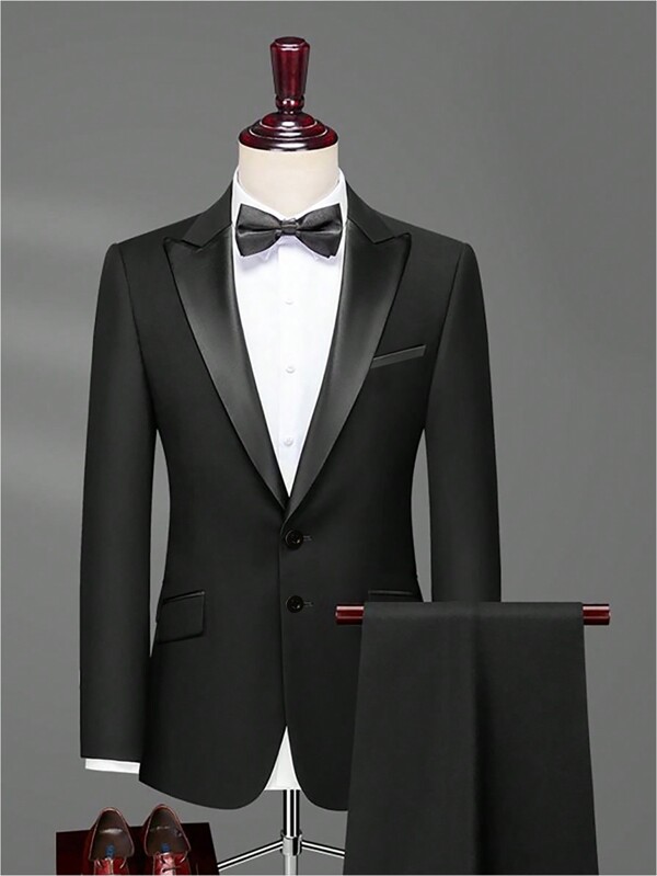 Set casual de traje de negocios para hombre, 2 piezas, blazer negro con ribete plateado y pantalones