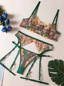 Floral Embroidery Mesh Underwire Garter Lingerie Set
