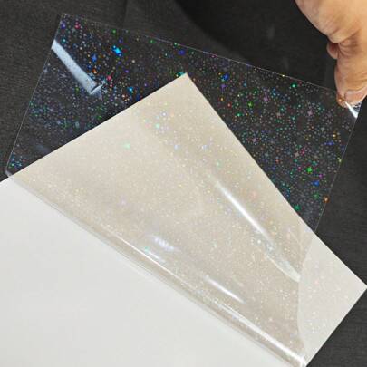 50 folhas de papel adesivo holográfico Start 2,9 x 4,1 polegadas, glitter, transparente, sobreposição holográfica, filme de laminação, folhas de vinil autoadesivas, volta às aulas, volta às aulas, material escolar