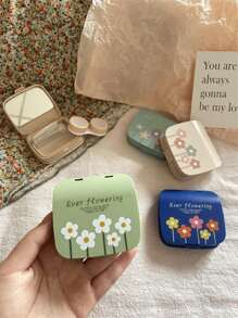 Estuche de lentes de contacto con diseño minimalista y flores pequeñas y lindas, kit portátil a prueba de fugas con espejo y herramienta removedora, contenedor de lentes de contacto, kit de almacenamiento y remojo para viajes y hogar, lentes de contacto de colores, maquillaje - A - Ver 5