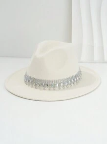 1pc Unisex Solid Color Felt Cowboy Hat With Fringe, Fashionable Faux Gemstone & Rhinestone Decor Hat Belt Chain Droplet Charm Accessories - Gem - View 17