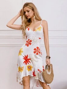 Strap Dresses With Flower Prints, Asymmetrical Bottom Dresses, Tight Summer Dresses