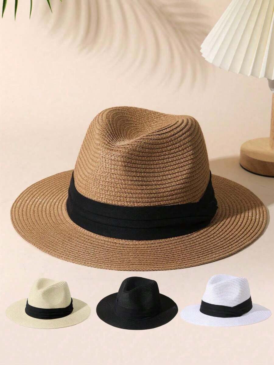 Boho Unisex schwarzer gewobener Band dekorierter Bohemian Jazz Panama Sonnenhut, Strandhut ideal für Outdoor Aktivitäten - A - Übersicht 1