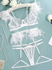 Floral Lace Underwire Garter Lingerie Set - White - View 5