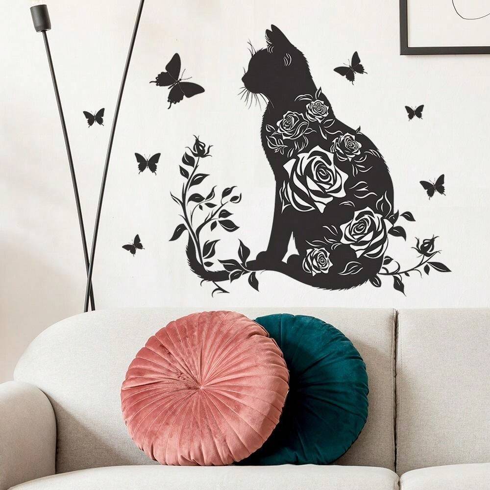 1PC Black Cat Wall Decals Peel And Stick Butterfly Rose Wall Sticker Removable Vinyl Cat With