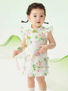 Balabala 女婴中国风印花旗袍连衣裙，荷叶袖，春夏款 - 綠色 - 查看 4