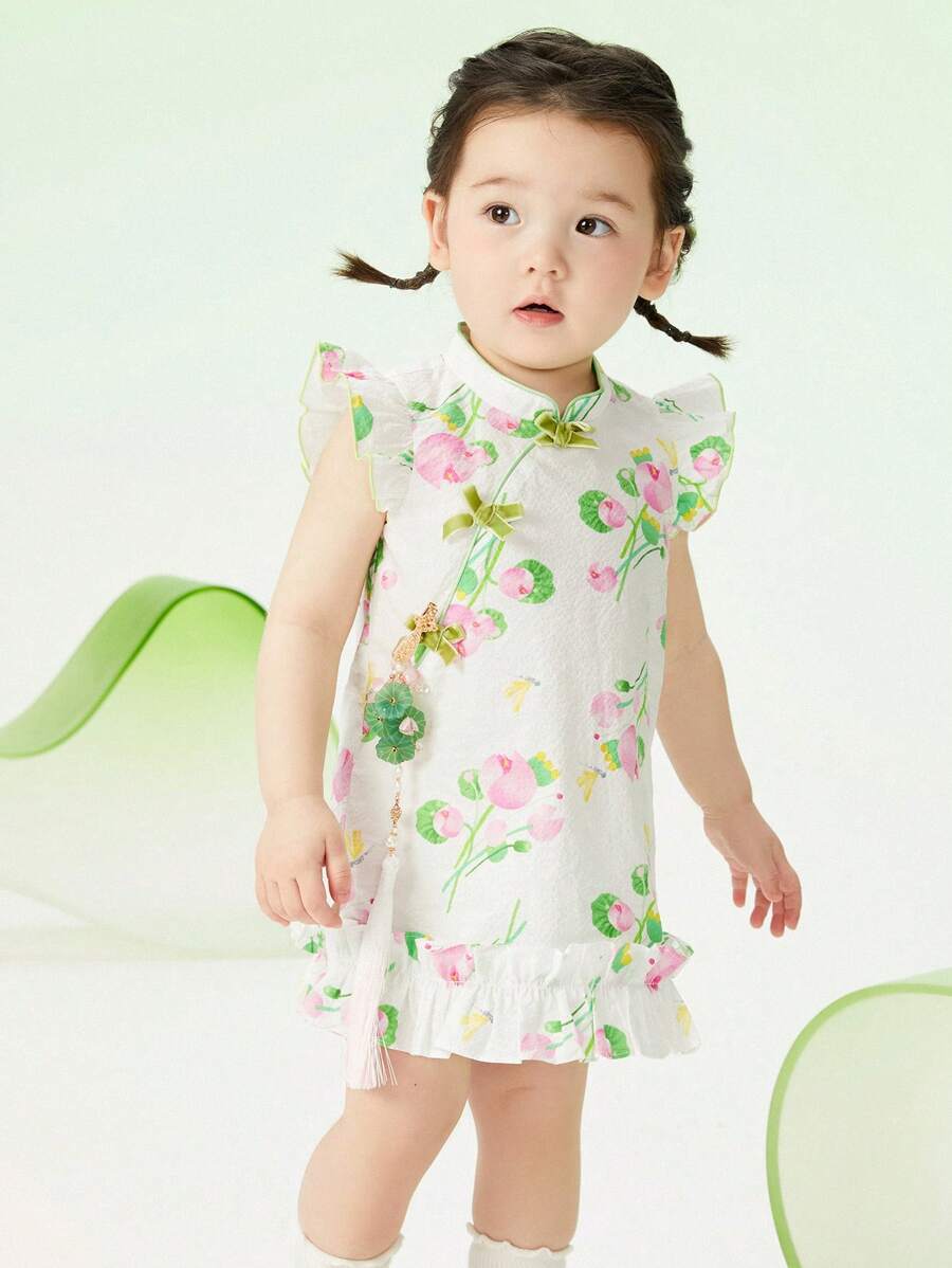 Balabala 女婴中国风印花旗袍连衣裙，荷叶袖，春夏款