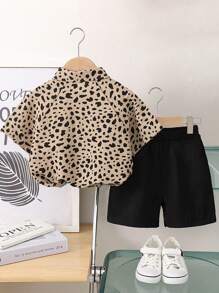 年輕男孩2入組花朵衫和短褲套裝，適用於休閒度假，夏季 - 咖啡棕 - 查看 3