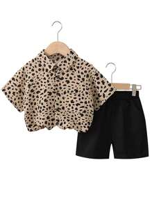 年輕男孩2入組花朵衫和短褲套裝，適用於休閒度假，夏季 - 咖啡棕 - 查看 2