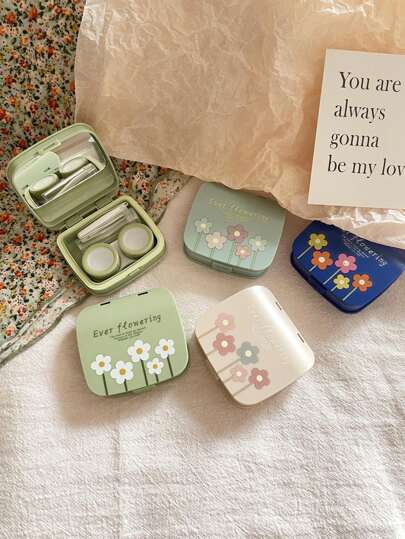Estuche de lentes de contacto con diseño minimalista y flores pequeñas y lindas, kit portátil a prueba de fugas con espejo y herramienta removedora, contenedor de lentes de contacto, kit de almacenamiento y remojo para viajes y hogar, lentes de contacto de colores, maquillaje