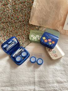 Estuche de lentes de contacto con diseño minimalista y flores pequeñas y lindas, kit portátil a prueba de fugas con espejo y herramienta removedora, contenedor de lentes de contacto, kit de almacenamiento y remojo para viajes y hogar, lentes de contacto de colores, maquillaje - A - Ver 4