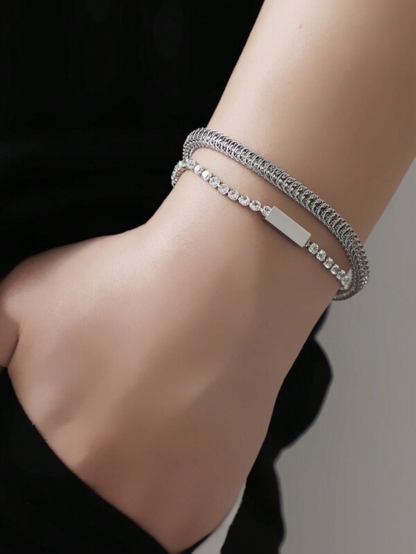 1pc Unisex INS Branded Simple Design Dual-Layer Stainless Steel Bracelet With Full Rhinestones, Street Style Fashion Model Neutral Chic Accessories