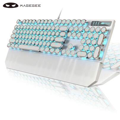 MageGee Typewriter Style Mechanical Gaming Keyboard With Detachable Wrist Rest, White Retro -Punk Gaming Keyboard With Blue Backlit, 104 Keys Blue Switch Wired Round Keycaps Keyboard For Windows//PC/Tablet