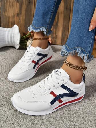 Women's Fashionable Casual Sports Shoes, White Sneakers, Breathable Flat Lace-Up Running Shoes For Women