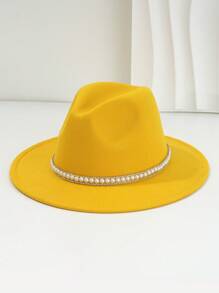 1pc Unisex Solid Color Felt Cowboy Hat With 3D Faux Pearl And Rhinestone Belt Chain And Droplet Shaped Decoration, Comfortable Panama Fedora, Elegant Jazz Cap, Luxurious British Style Top Hat, Unique And Interesting Punk Style Outdoor Bucket Hat For Classy Look, New Vintage Cowgirl Hat Look, Classy Aesthetic, 2024 Wedding Essential, Spring Summer Bright Colors, Suitable For Spring Getaway, Dinner Party Essential, Themed Party, Western Festival, Gathering, Cosplay, Graduation Ceremony, Costume Party, Festival, Wedding, Birthday Party, Music Festival - Pearl Rhinestone - View 17