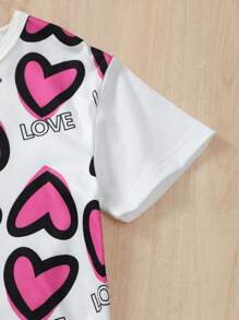Young Girl Heart Printed Short Sleeve Top And Long Pants Casual Outfits For Spring/Summer - Hot Pink - View 4
