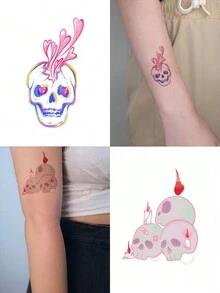 1pc Waterproof Colorful Tattoo Sticker, PVC Painted Skull And Cute Devil Head Design, Suitable For Daily Hand And Leg Use (Unisex) - Multicolor - View 6