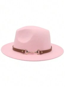 1pc Denim Fedora Hat, Classic Black Wool Felt Vintage Jazz Cap, Adjustable Small Leather Belt Buckle Unisex English Retro Wool Felt Hat, Western Fashion Autumn/Winter Panama Cowboy Felt Hat, Simple Metal Ring Leather Belt Brim Fedora Hat, Versatile Style For Men & Women