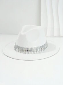 1pc Unisex Solid Color Felt Cowboy Hat With Fringe, Fashionable Faux Gemstone & Rhinestone Decor Hat Belt Chain Droplet Charm Accessories - Gem - View 9
