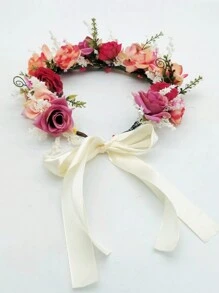 1 pieza Diadema de corona floral para mujer con rosas secas y artificiales, perfecta para fotografía de boda, accesorios rosas, tiara, guirnalda de cabello, corona de disfraz, flor, novia - Rosa - Ver 2