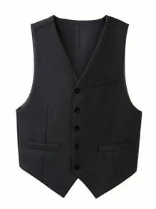Vintage Solid Vest, Business Formal Waistcoat, Fashionable Men Apparel - Black - View 3