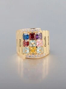 Personalized Square Birthstone Inlaid Engravable Multiple Name Custom Ring, Mother's Day Gift, Valentine's Day Gift, Birthday Anniversary Gift, Christmas Gift, High-End Gift For Friends Classmates Graduation Family,Gold,Stylish,Colorful,Vintage,Hipster,Simple,Y2k,2000s Fashion,Custom,Personalized,Unique,Ideal Gifts For Him,Ideal Gifts For Her,Her,Boyfriend,Girlfriend,Dad,Mom,Family,Friends,For Anniversaries,For Birthdays,For Graduation,For Prom,For Party,Jewelry Women - Gold - View 3