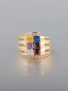 Personalized Square Birthstone Inlaid Engravable Multiple Name Custom Ring, Mother's Day Gift, Valentine's Day Gift, Birthday Anniversary Gift, Christmas Gift, High-End Gift For Friends Classmates Graduation Family,Gold,Stylish,Colorful,Vintage,Hipster,Simple,Y2k,2000s Fashion,Custom,Personalized,Unique,Ideal Gifts For Him,Ideal Gifts For Her,Her,Boyfriend,Girlfriend,Dad,Mom,Family,Friends,For Anniversaries,For Birthdays,For Graduation,For Prom,For Party,Jewelry Women - Gold - View 2