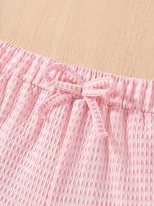 Conjunto de vestimenta sencilla de unicolor para niña joven con blusa y shorts, verano - Rosa - Ver 3