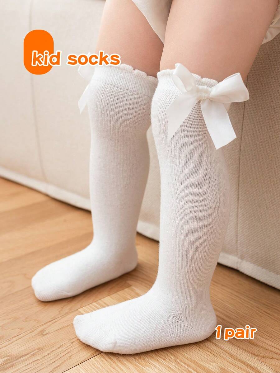 1 双儿童蝴蝶结中筒袜，春秋款 - 白色 - 查看 1