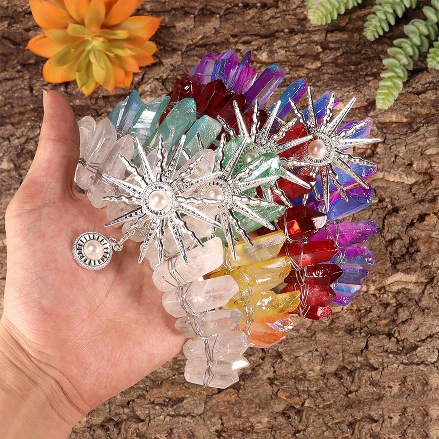 Diadema de corona de cristal natural para fiestas, diadema de diosa del sol perfecta para festivales, bodas, sesiones de fotos y uso diario - forma - Ver 1
